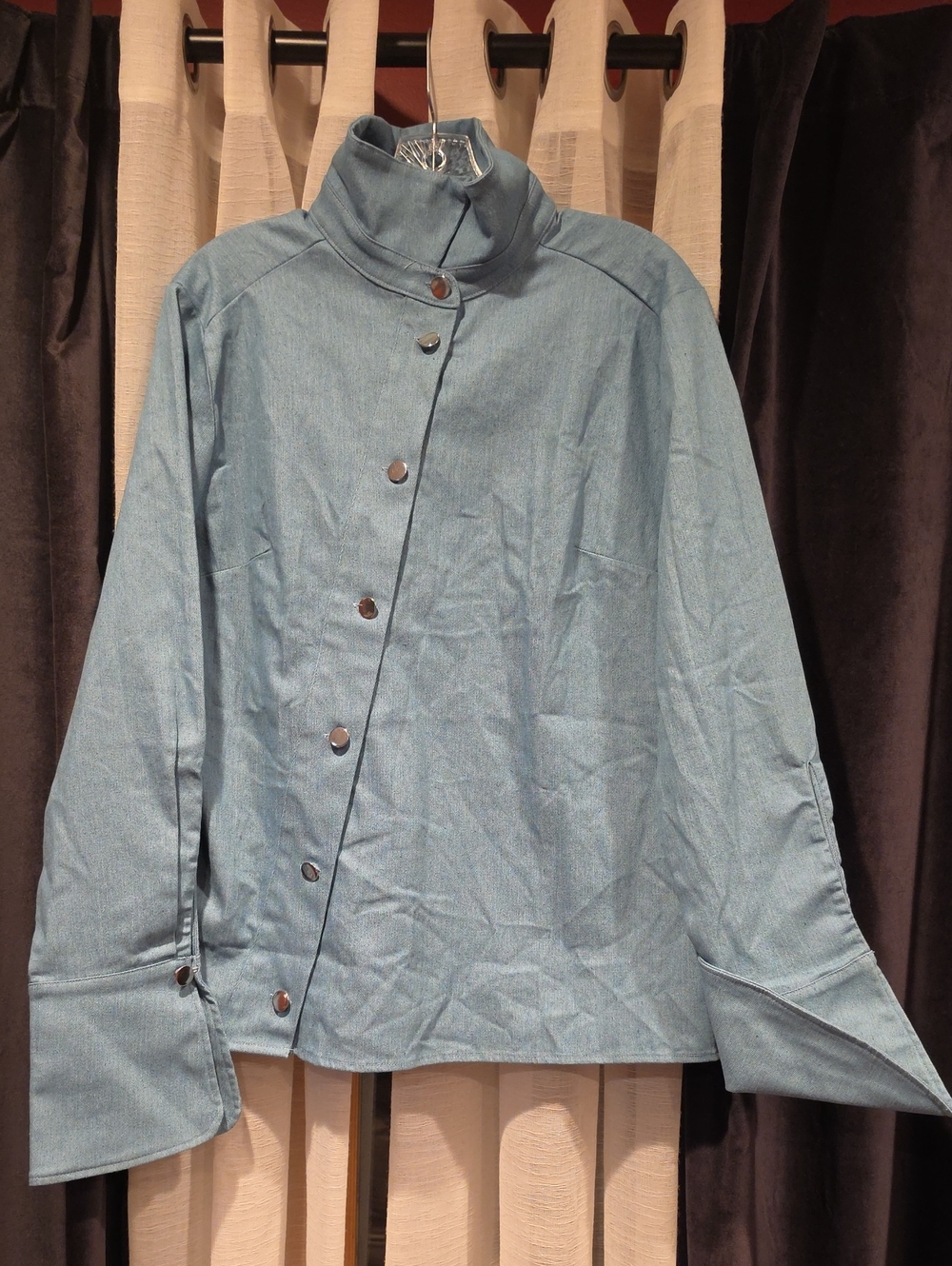 STYLEWE Light Blue Asymmetrical Button Front Denim Jacket with Stand Collar